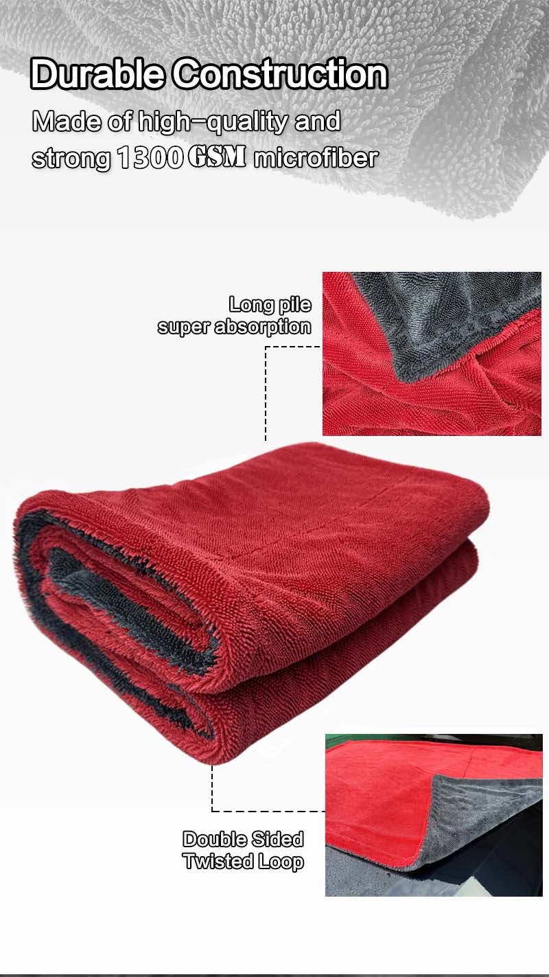 Red-Gray 1300gsm Double sided Twisted Fiber Premium Car Drying Towel