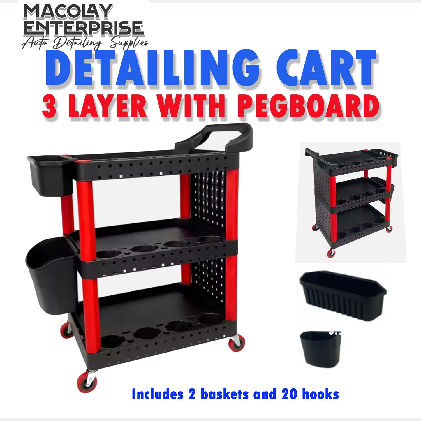 MG-024 Detailing Cart with Peg board, 20 pegs and 2 baskets
