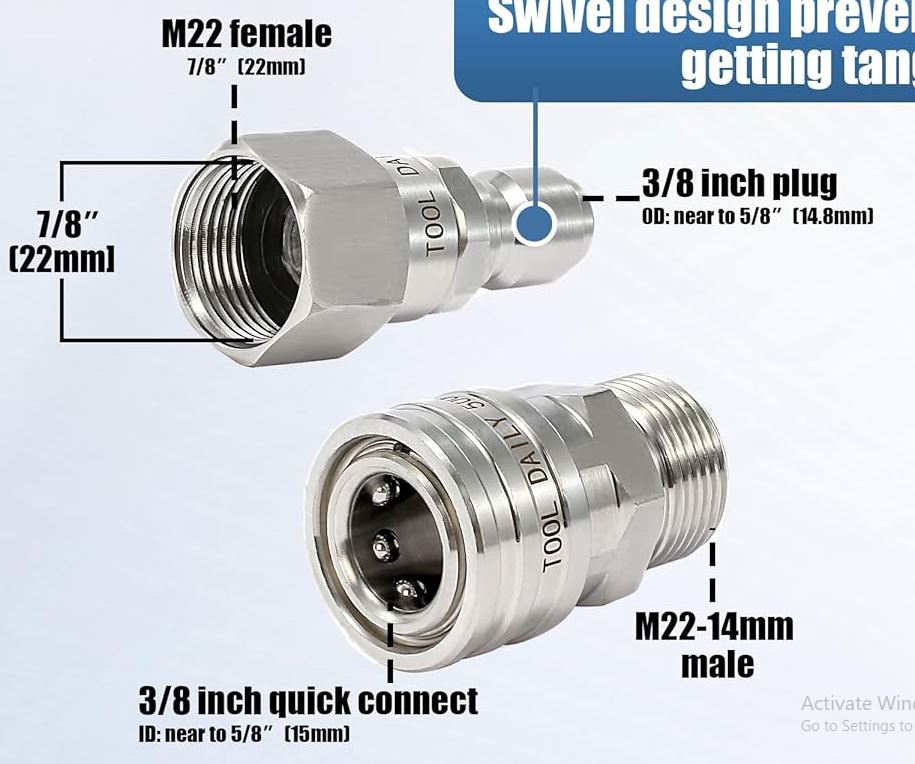 F38 Quick Connect Swivel Set 3/8 to M22-14 for Pressure Washer Adapter Fittings
