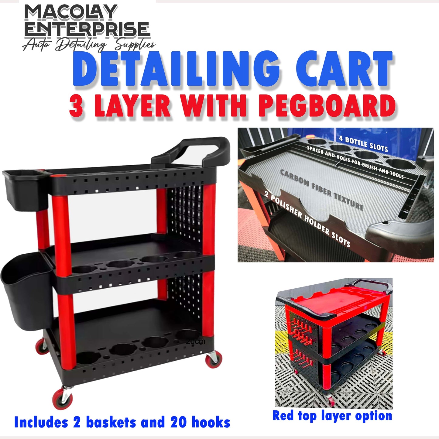 MG-024 Detailing Cart with Peg board, 20 pegs and 2 baskets