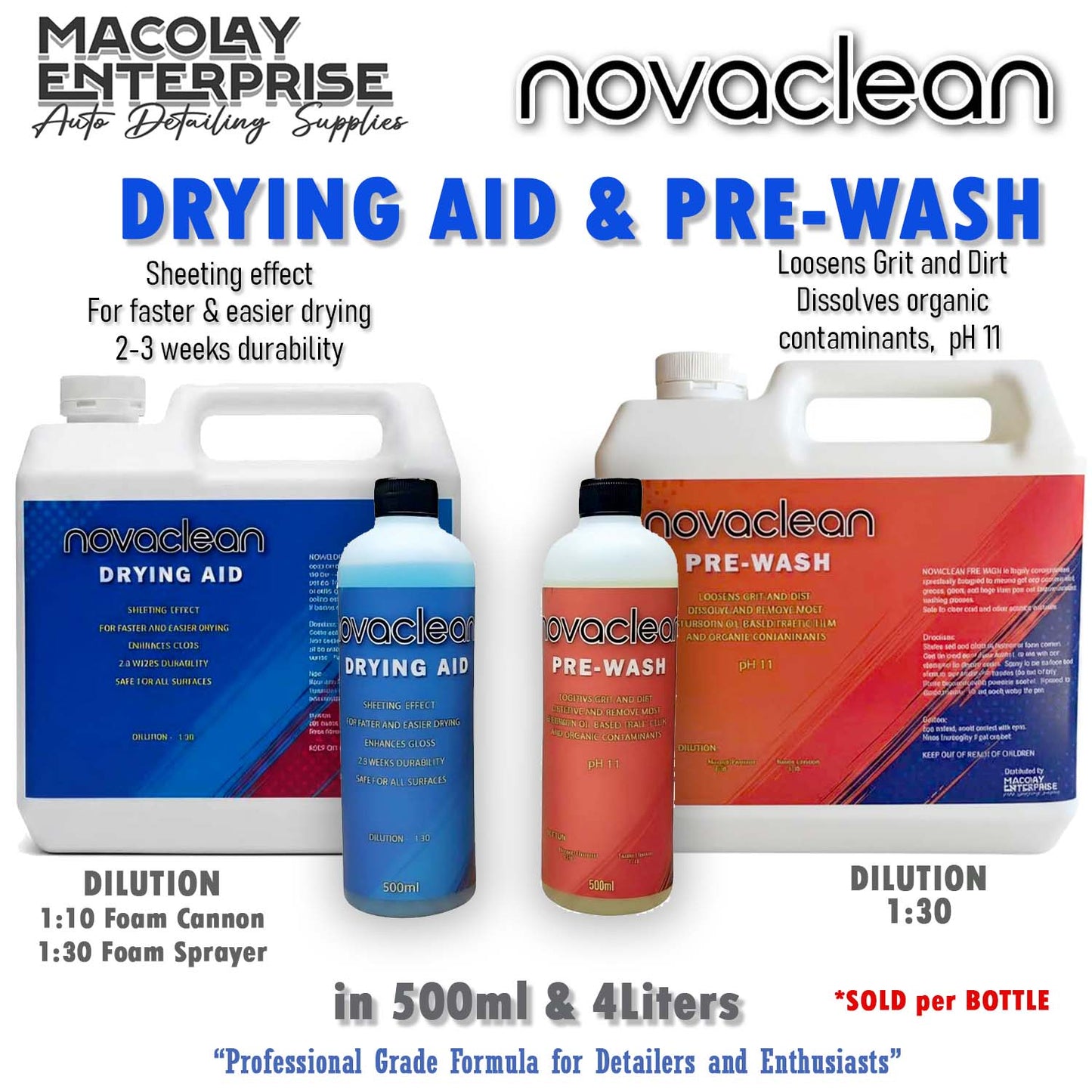 Novaclean PreWash and Drying Aid for Car Wash 500ml or 1 Gallon