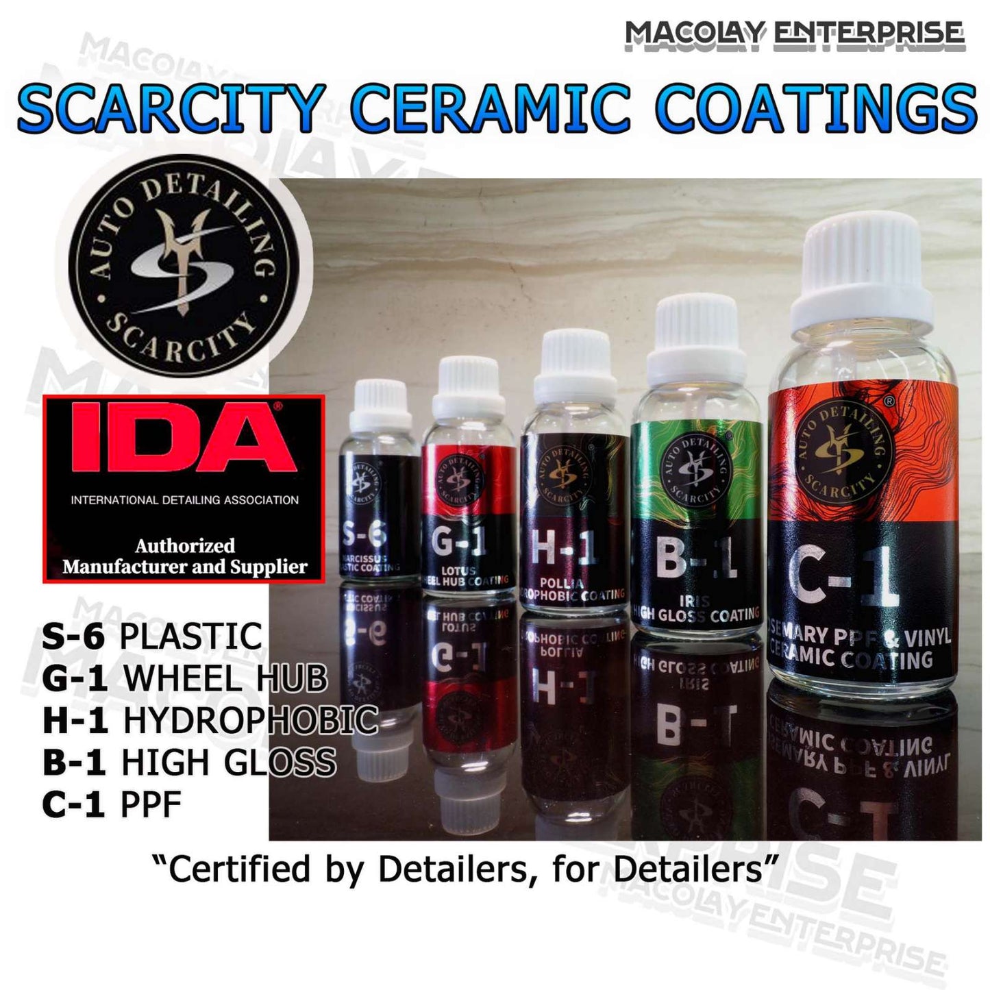 SCARCITY Ceramic Coating S-6 Plastic, G-1 Wheel Hub, H-1 Hydrophobic, C-1 PPF, B-1 High Gloss