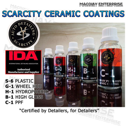 SCARCITY Ceramic Coating S-6 Plastic, G-1 Wheel Hub, H-1 Hydrophobic, C-1 PPF, B-1 High Gloss