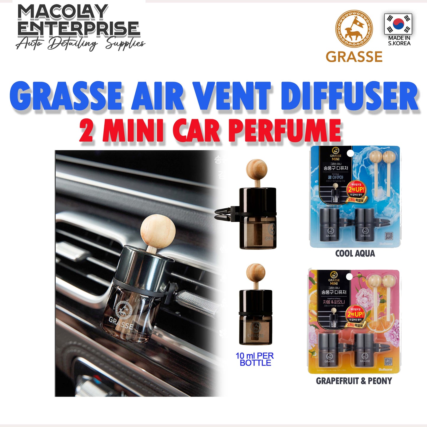 GRASSE®️ Car Air Vent Mini Diffuser Car Freshener Made in Korea 10ml x 2 Car perfumes