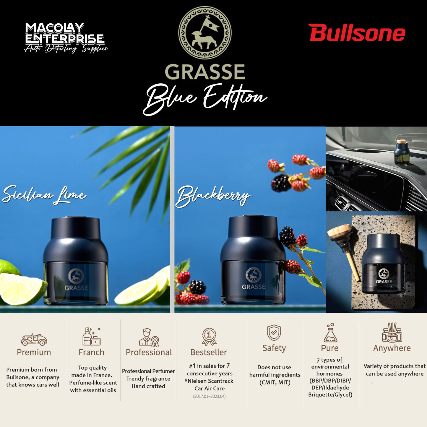 Grasse Blue Edition Essential Oils, Natural Car and Home Air Fresheners 100ml