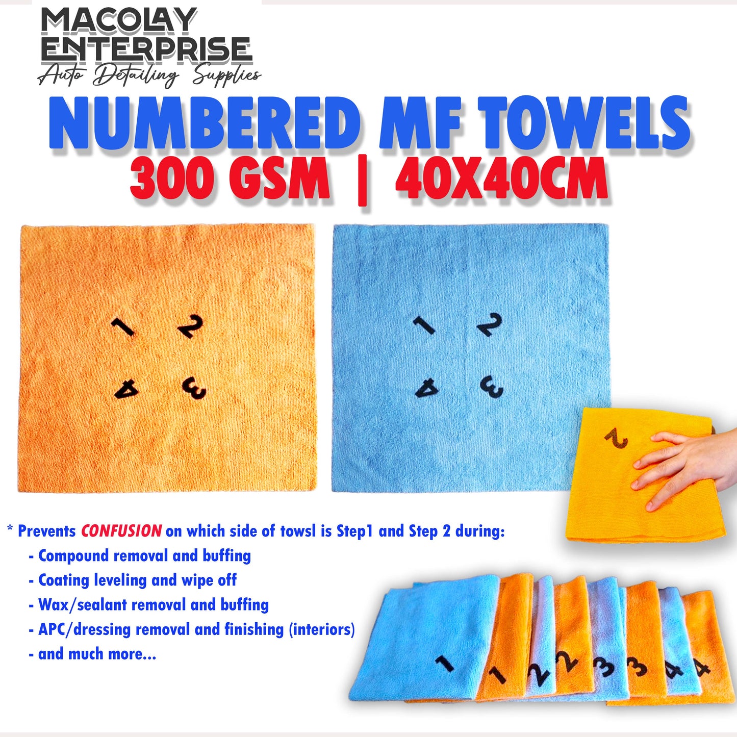 Numbered 1-4 per fold 300gsm 40X40cm Microfiber Detailing Towel