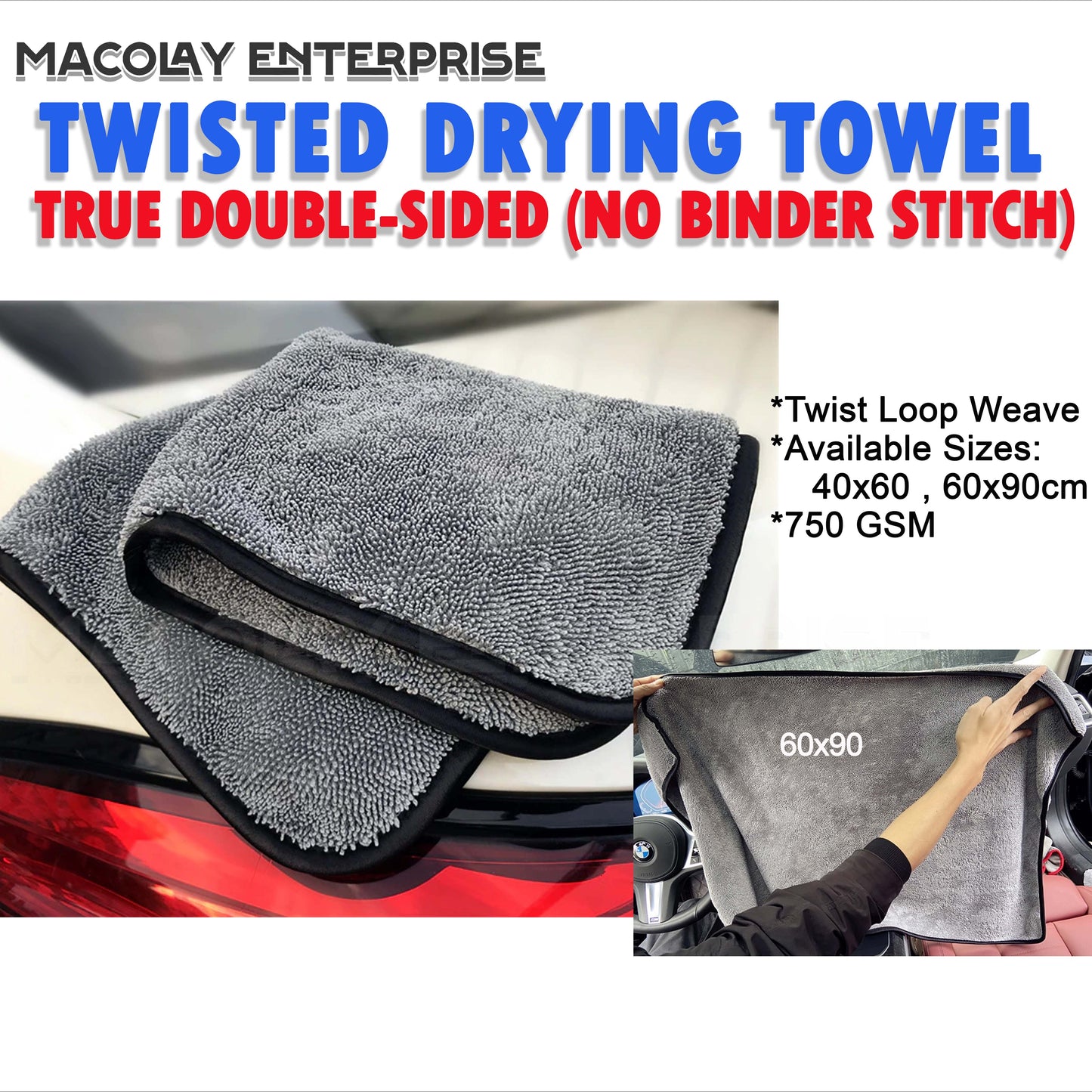 True Double-Sided No Binder Stitch Twisted Fiber Car Wash Drying Towel
