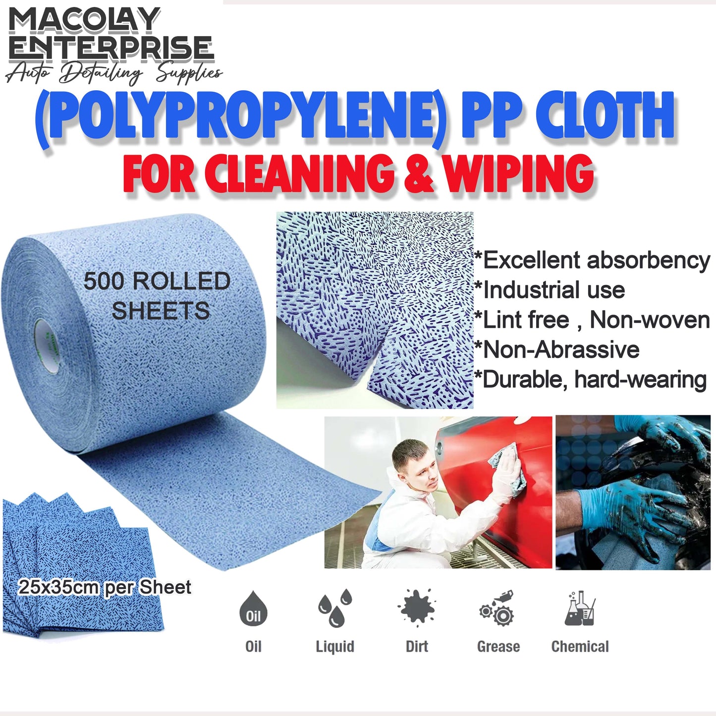 DT-029 Polypropylene PP Cloths for Heavy Duty Cleaning, 500sheets/Roll