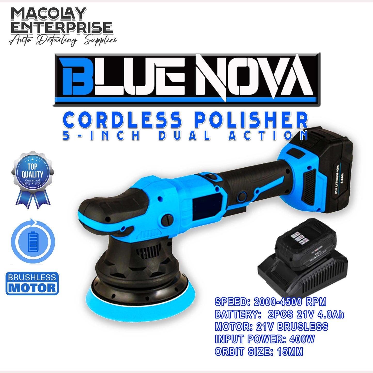 MP-15 Blue Nova Cordless 5-inch Dual Action Polisher Machine