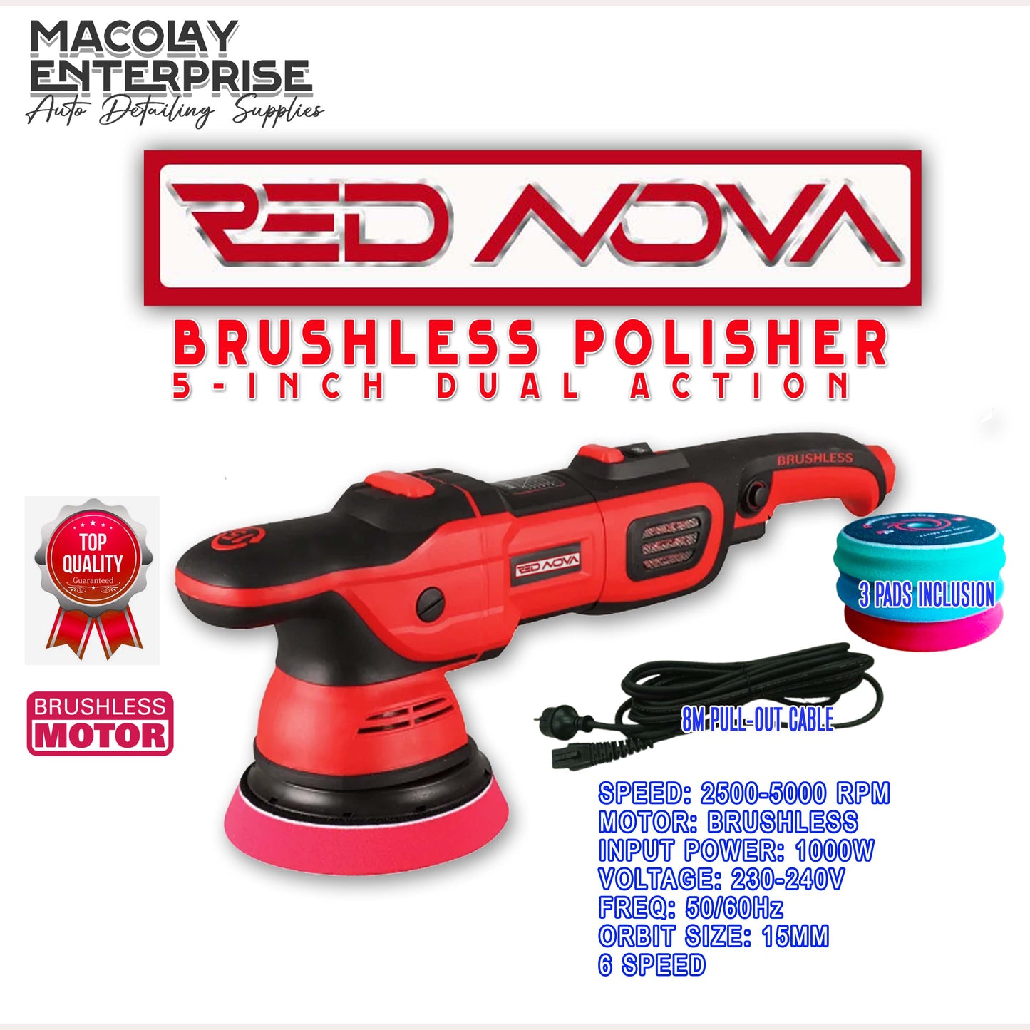 MP-14 Red Nova Brushless 5-inch Dual Action Polisher Machine