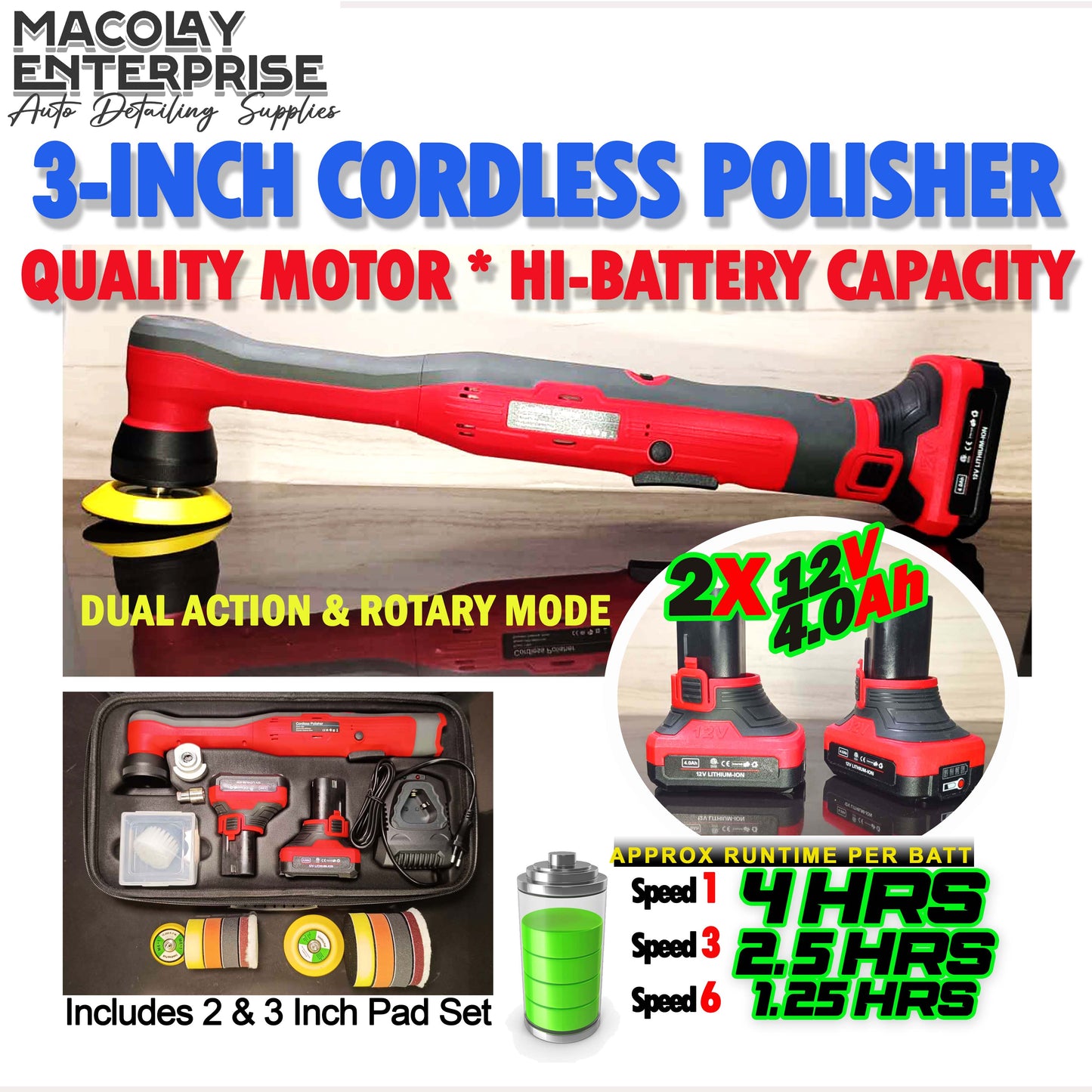 MP-10 3-Inch Cordless Polisher Machine Dual Action & Rotary Mode