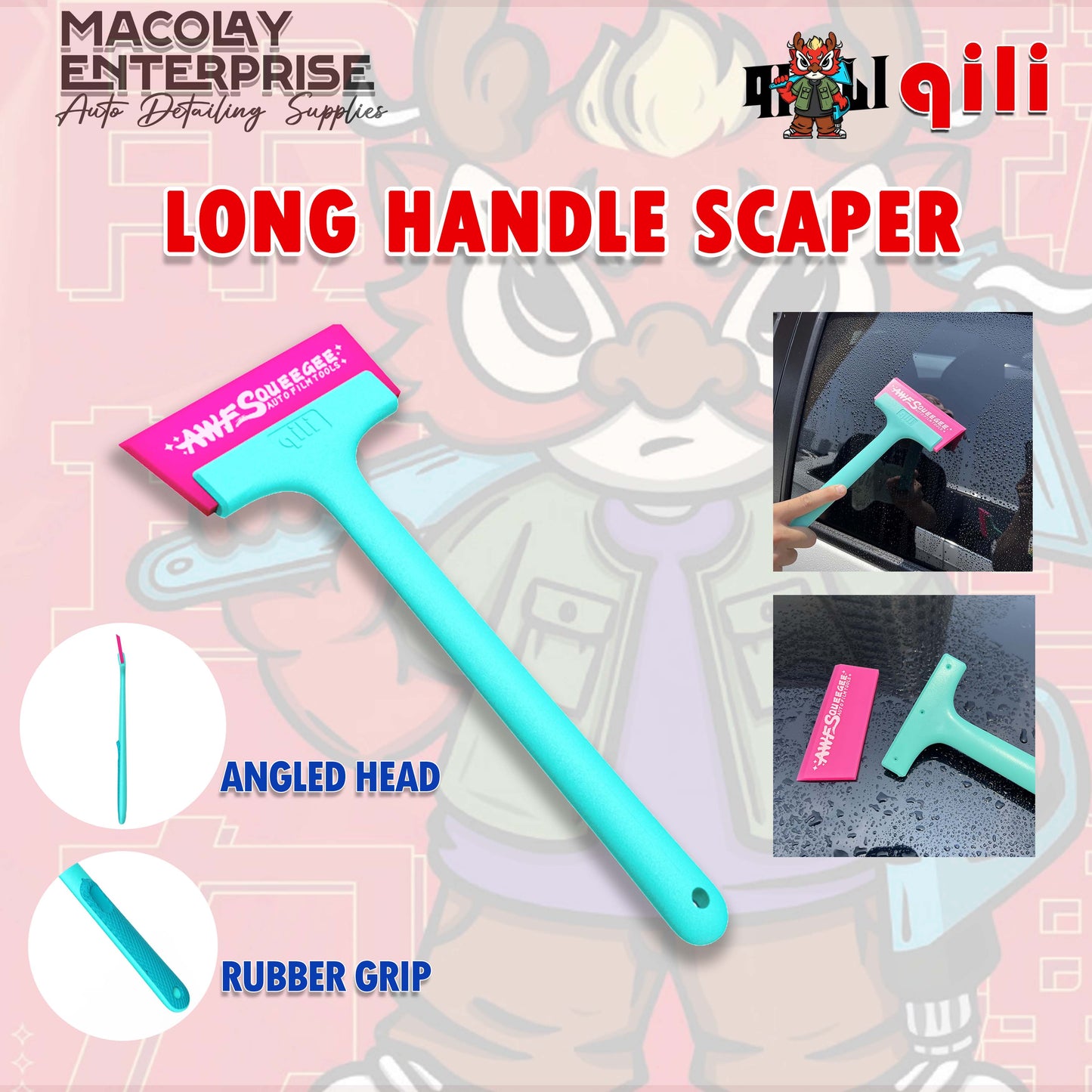 WR-113 Qili Long Handle Pink Scraper For Car Tint