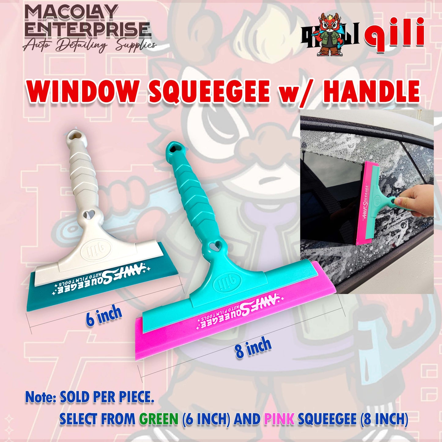 WR-115 Qili Green/White Long Handle Scraper Squeegee for Car Tint