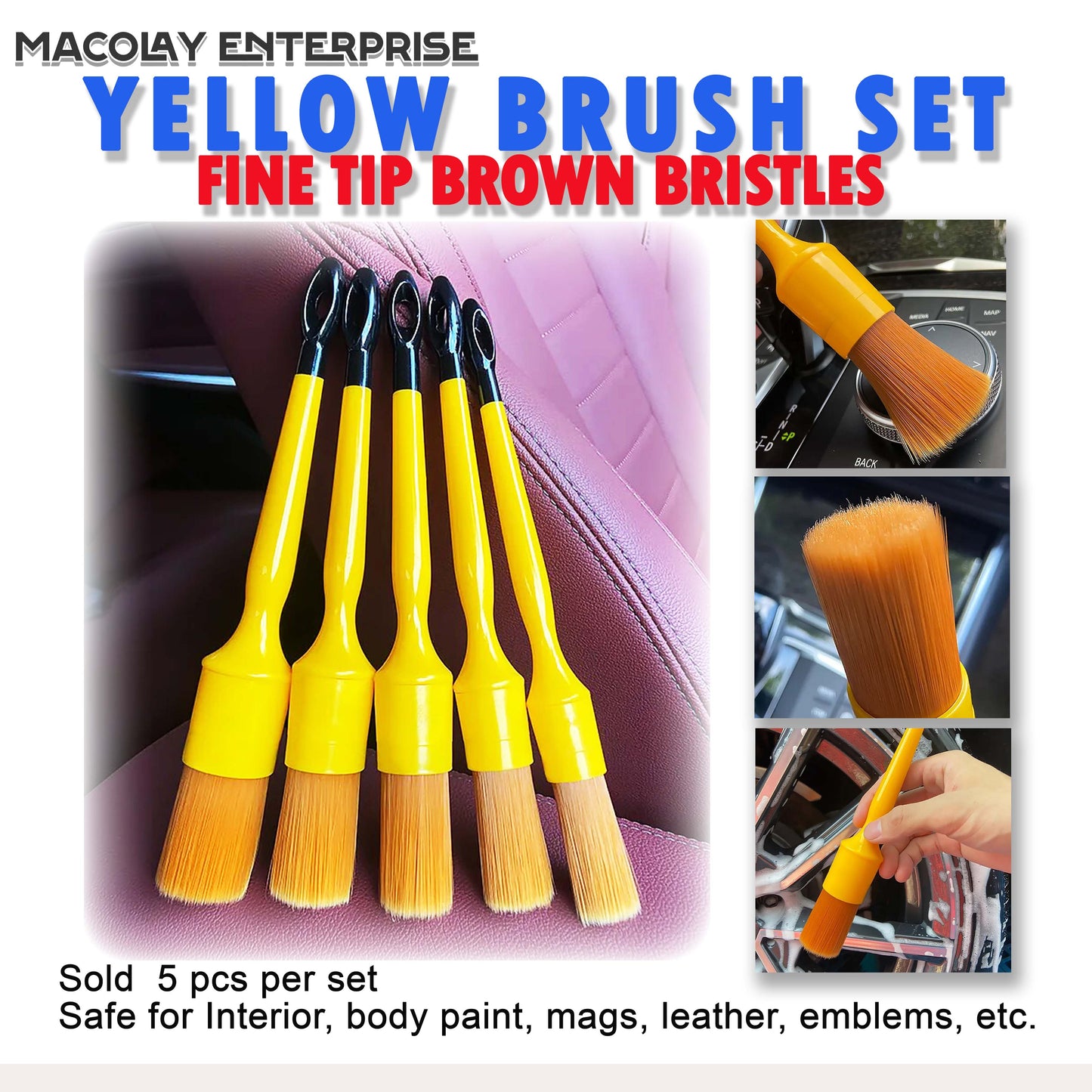 IN-53 Fine Tip Brown Bristle 5pcs Car Interior Detailing Brush Set