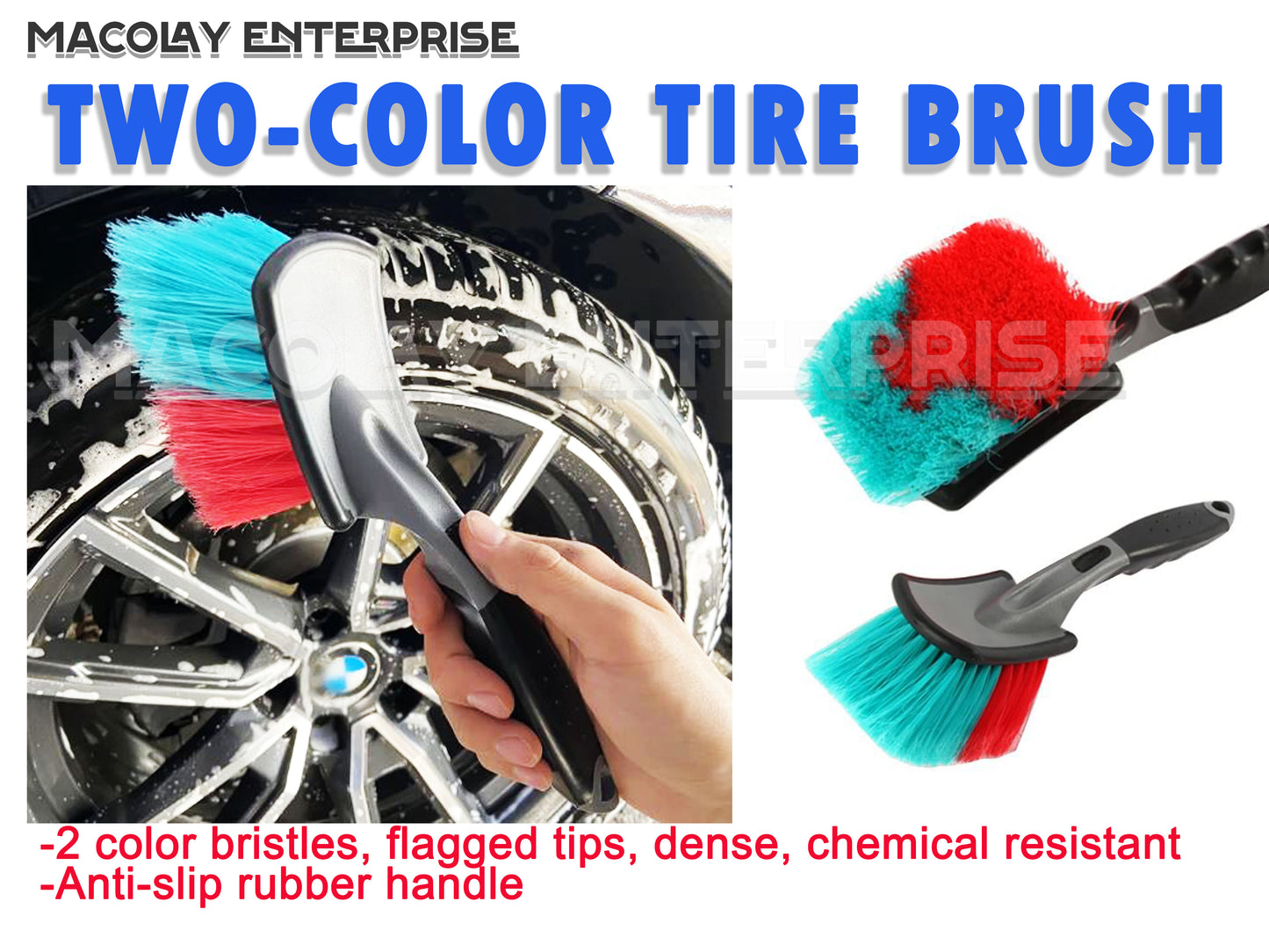 WH-31 Two-Color Flagged Bristle Rubber Handle Tire Brush