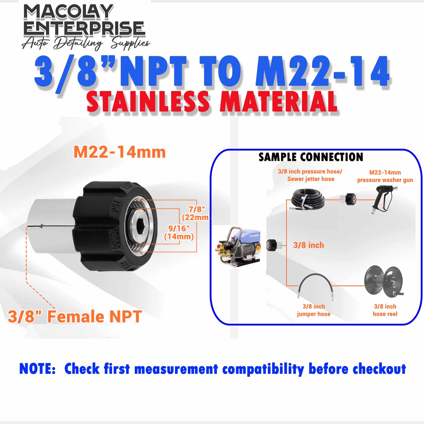F36 M22-14 Female to 3/8 NPT Female Belt Type Pressure Washer Adapter Thread Fittings