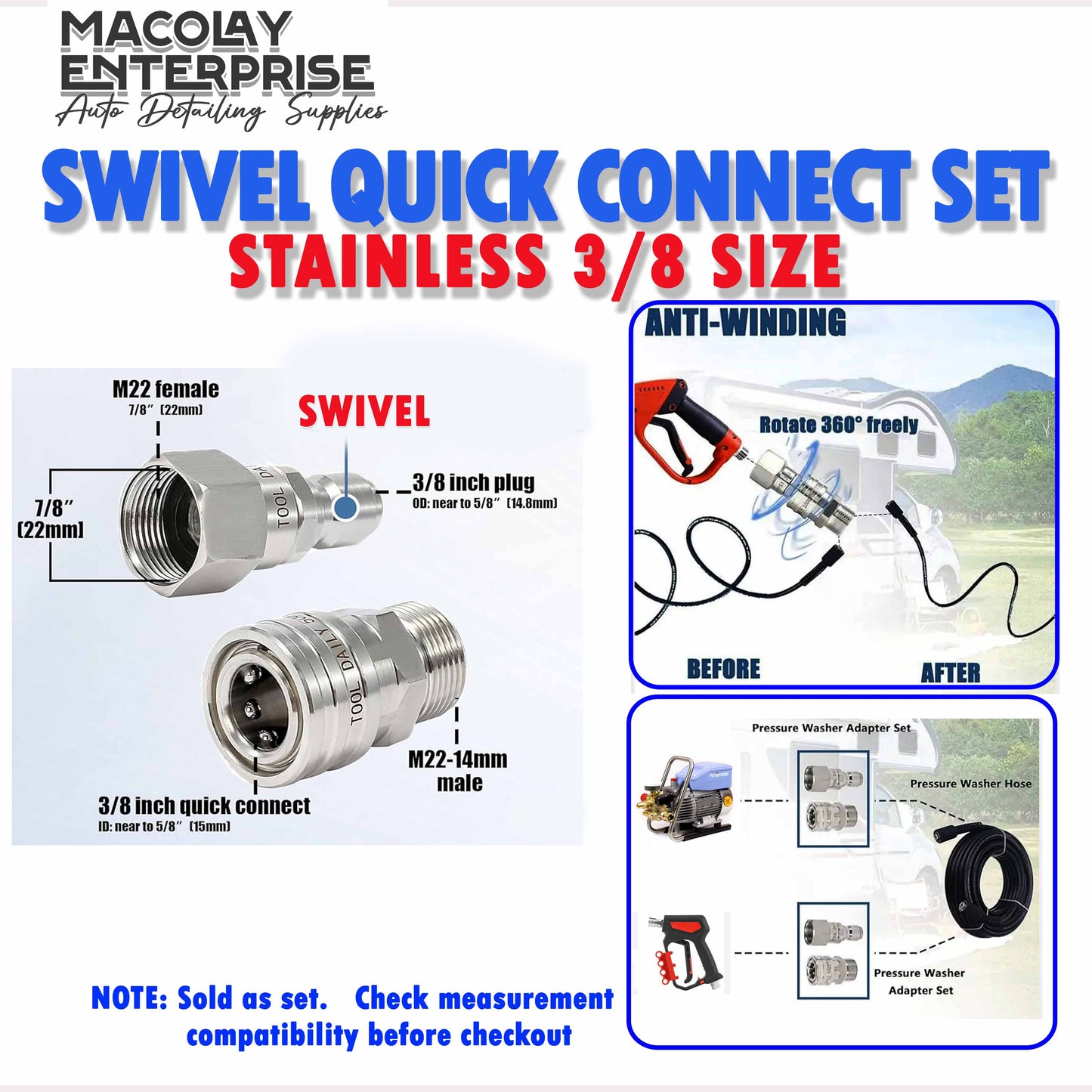 F38 Quick Connect Swivel Set 3/8 to M22-14 for  Pressure Washer Adapter Fittings