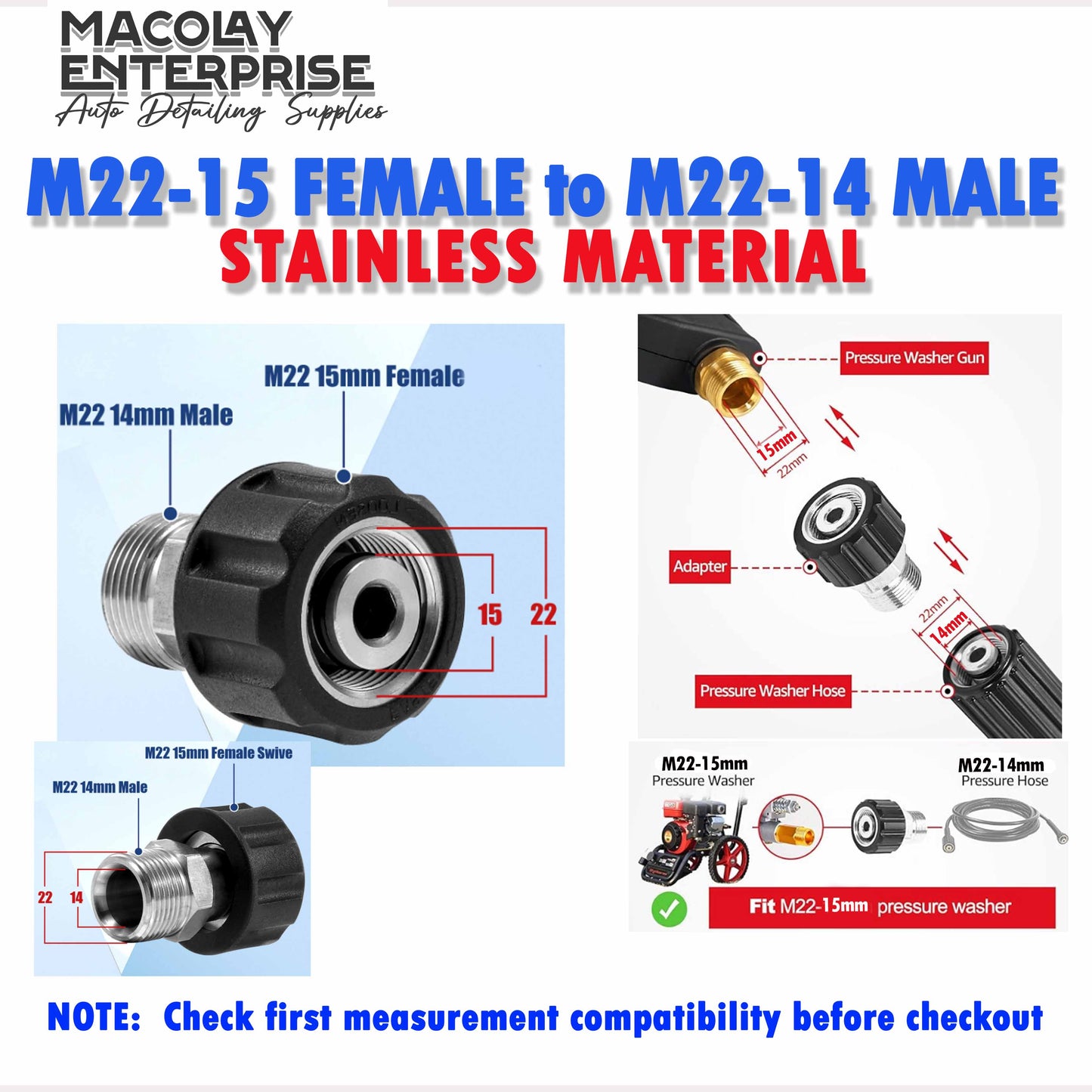 F37 M22-15 Female to M22-14 Male Pressure Washer Adapter Stainless Fittings