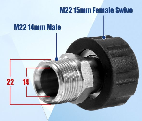 F37 M22-15 Female to M22-14 Male Pressure Washer Adapter Stainless Fittings