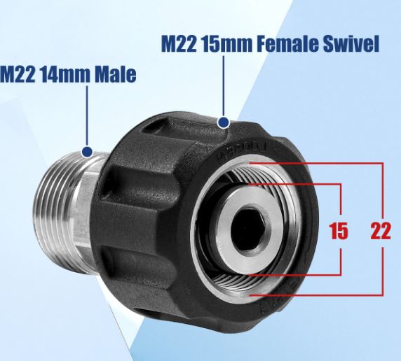 F37 M22-15 Female to M22-14 Male Pressure Washer Adapter Stainless Fittings