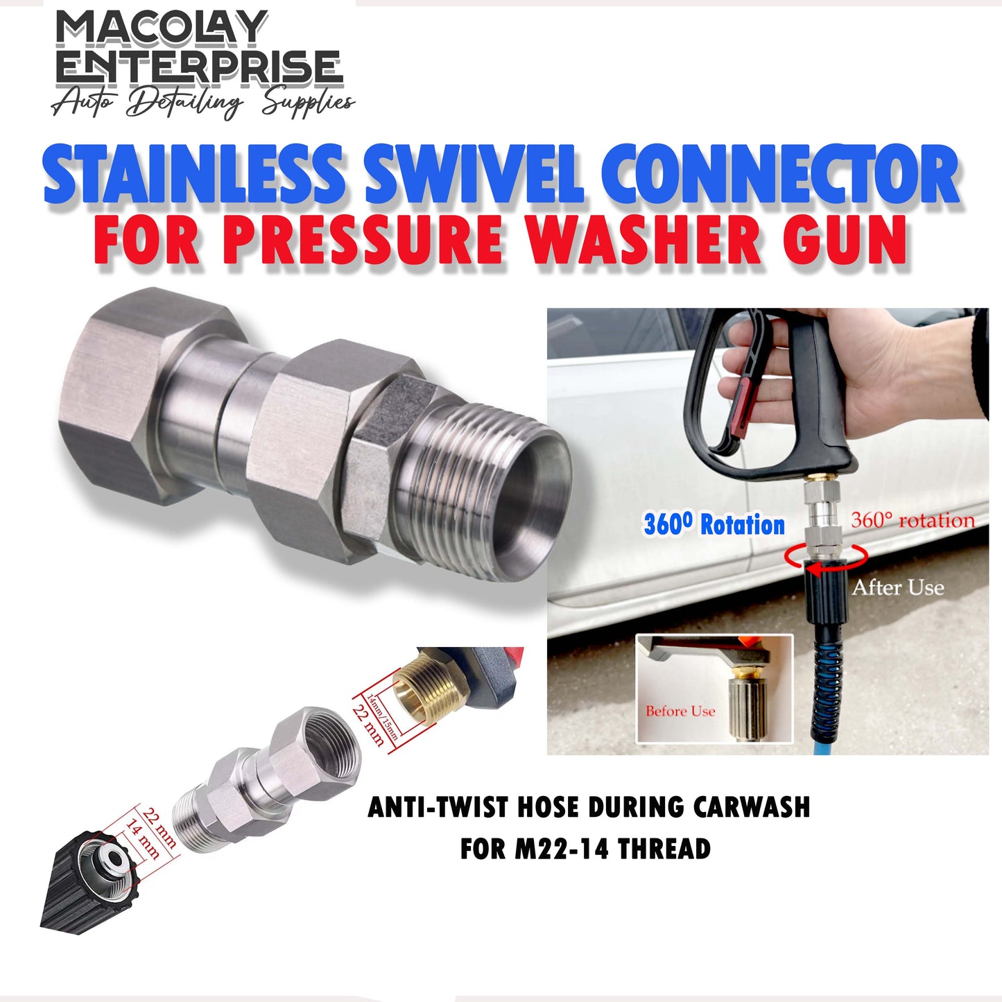 F19 Stainless Swivel Connector for Hose to Pressure Washer Gun Fittings