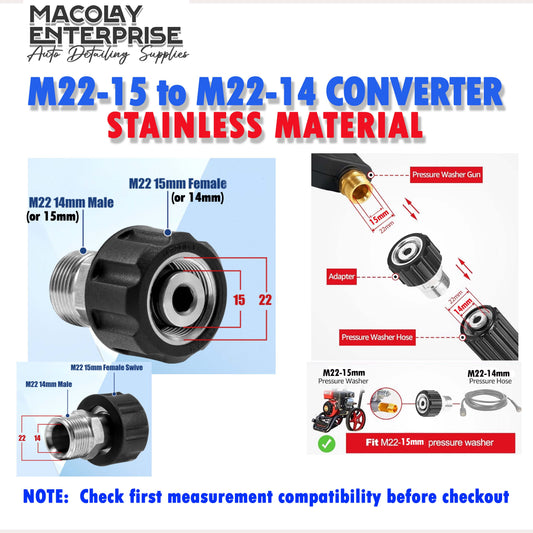 F37 M22-15 to M22-14  Pressure Washer Adapter Stainless Fittings