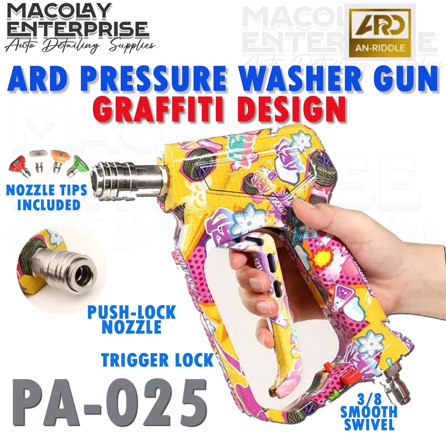 PA-025 ARD Graffiti Designed Pressure Washer Gun 5000psi with Push Lock,  Trigger Lock and Swivel