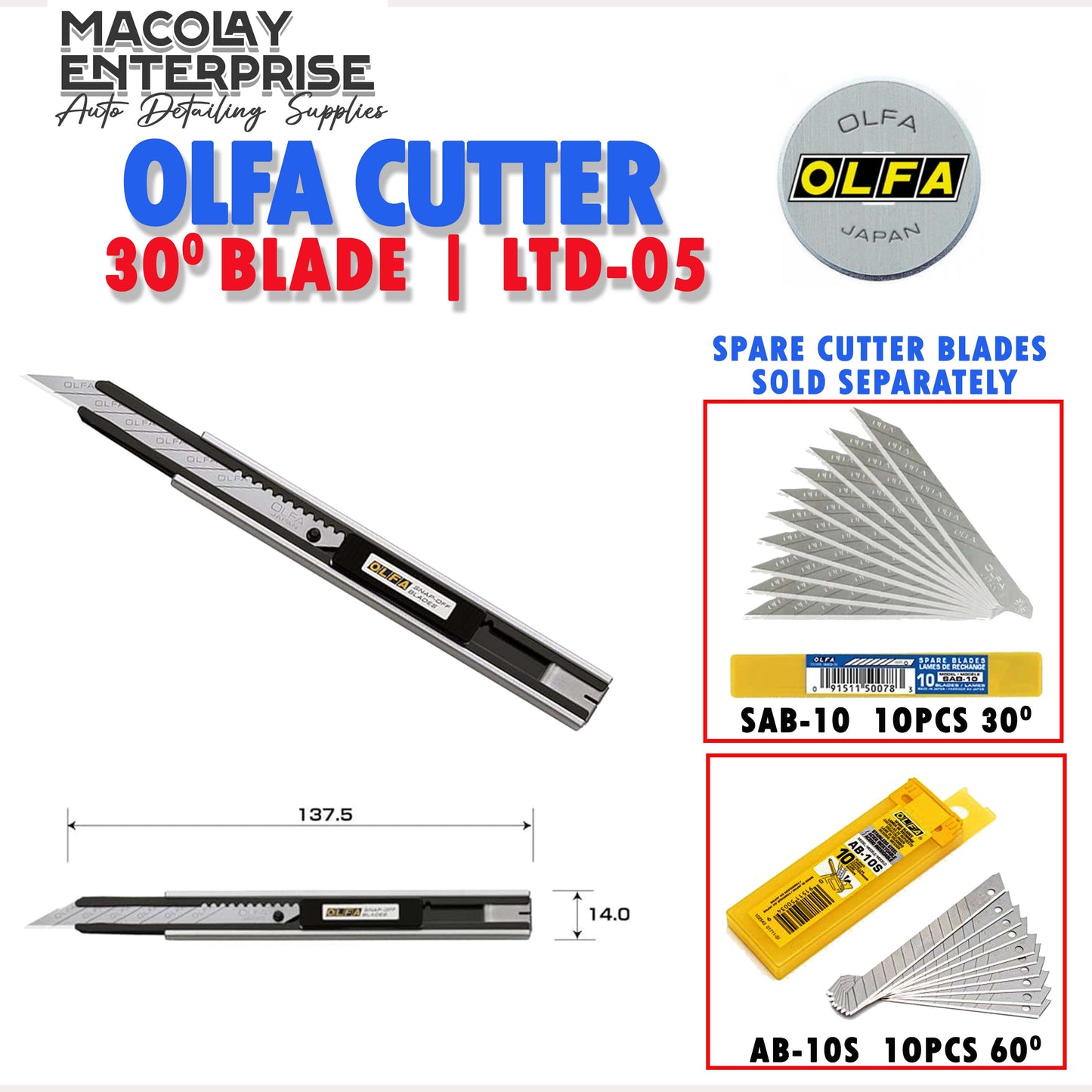 WR-101 OLFA Cutter 30 degrees Blade LTD-05 for Car PPF | TINT and Spare Blades  SAB-10 and AB-10S
