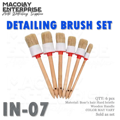 IN-07 6pcs Boar's Hair Bristle Wooden Handle Car Detailing Brush Set