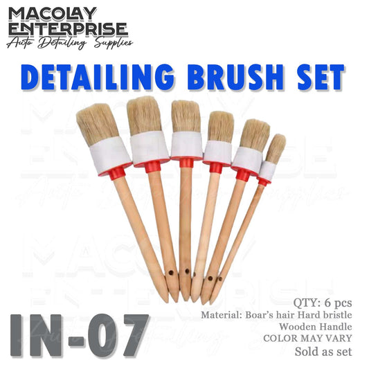 IN-07 6pcs Boar's Hair Bristle Wooden Handle Car Detailing Brush Set