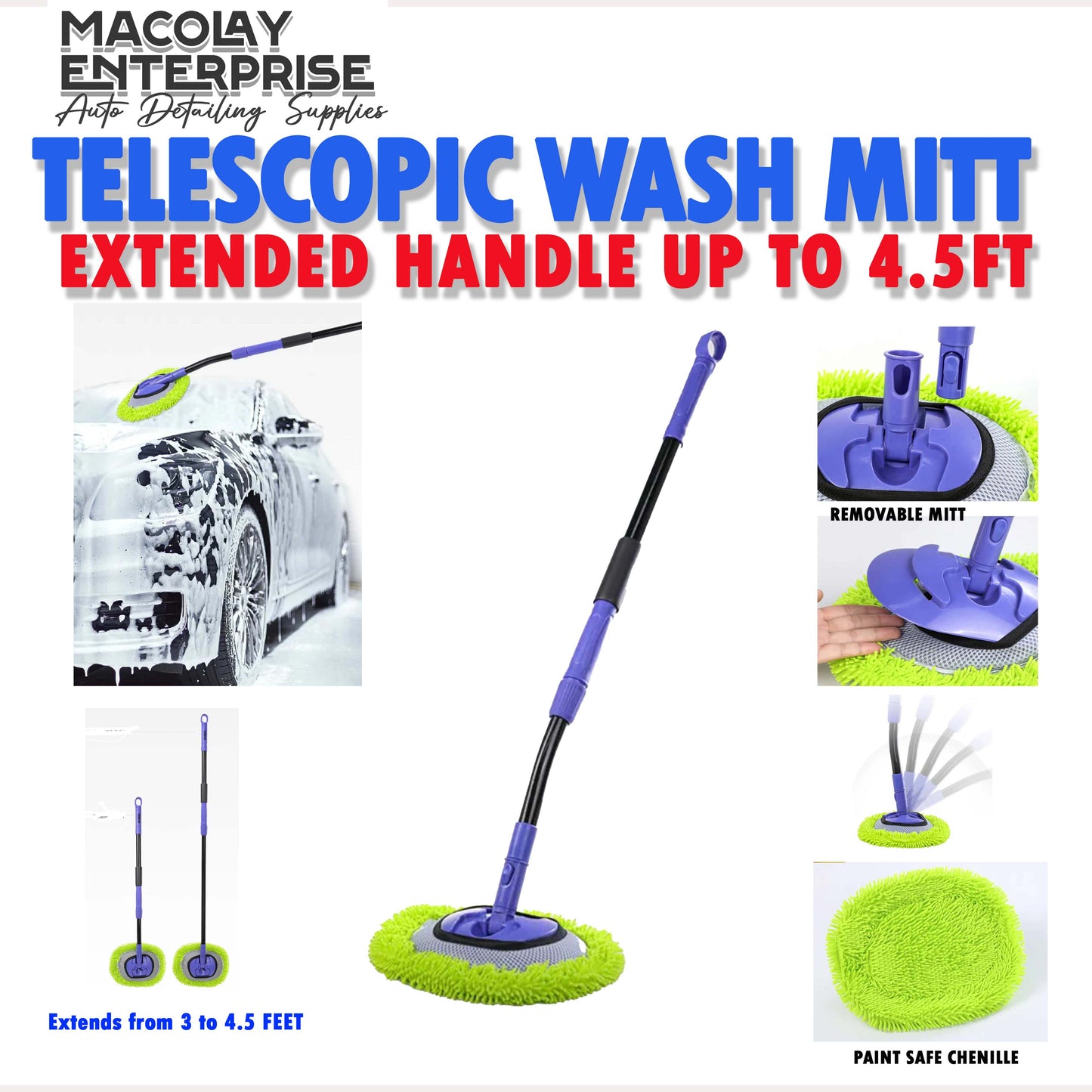 IN-56 Long Handle Telescopic Microfiber Wash Mitt Brush
