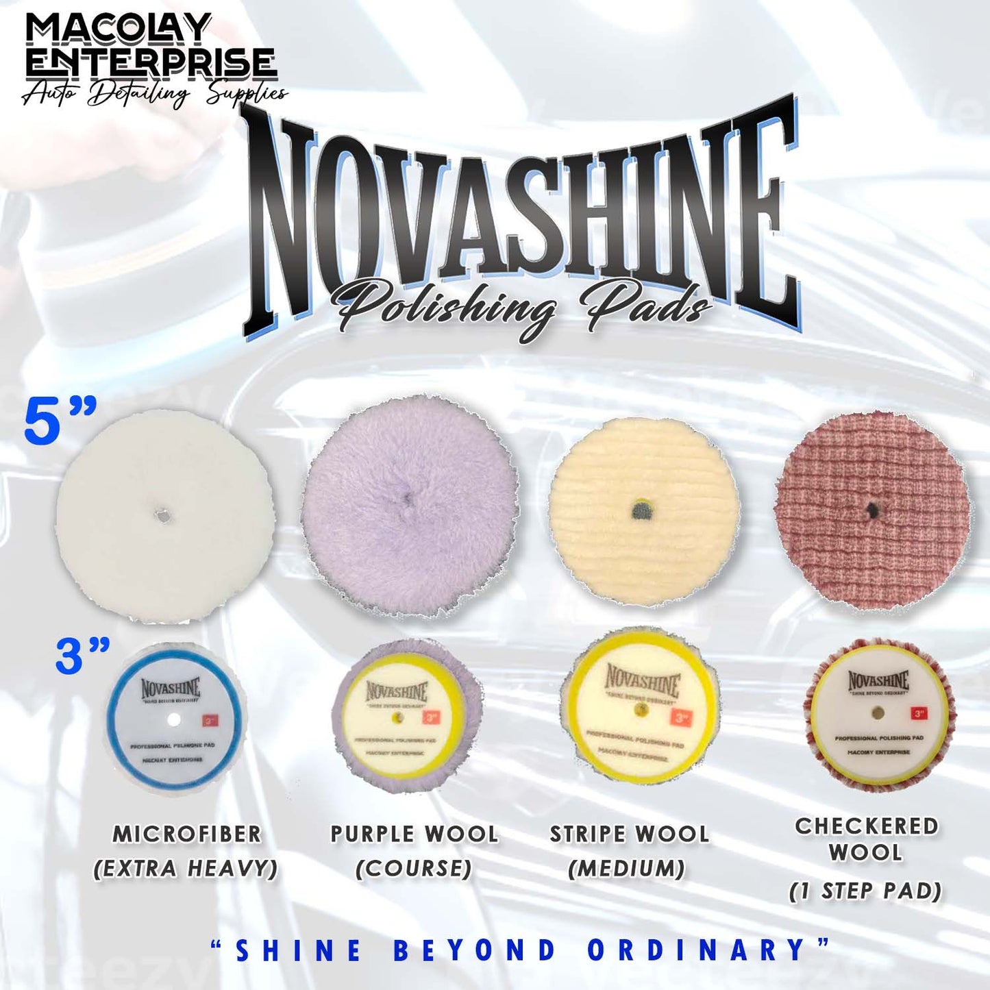 PO-037 Novashine Purple, Stripe or Long Nap WOOL Pad and Microfiber Pad for 5-inch or 3-inch Polishers