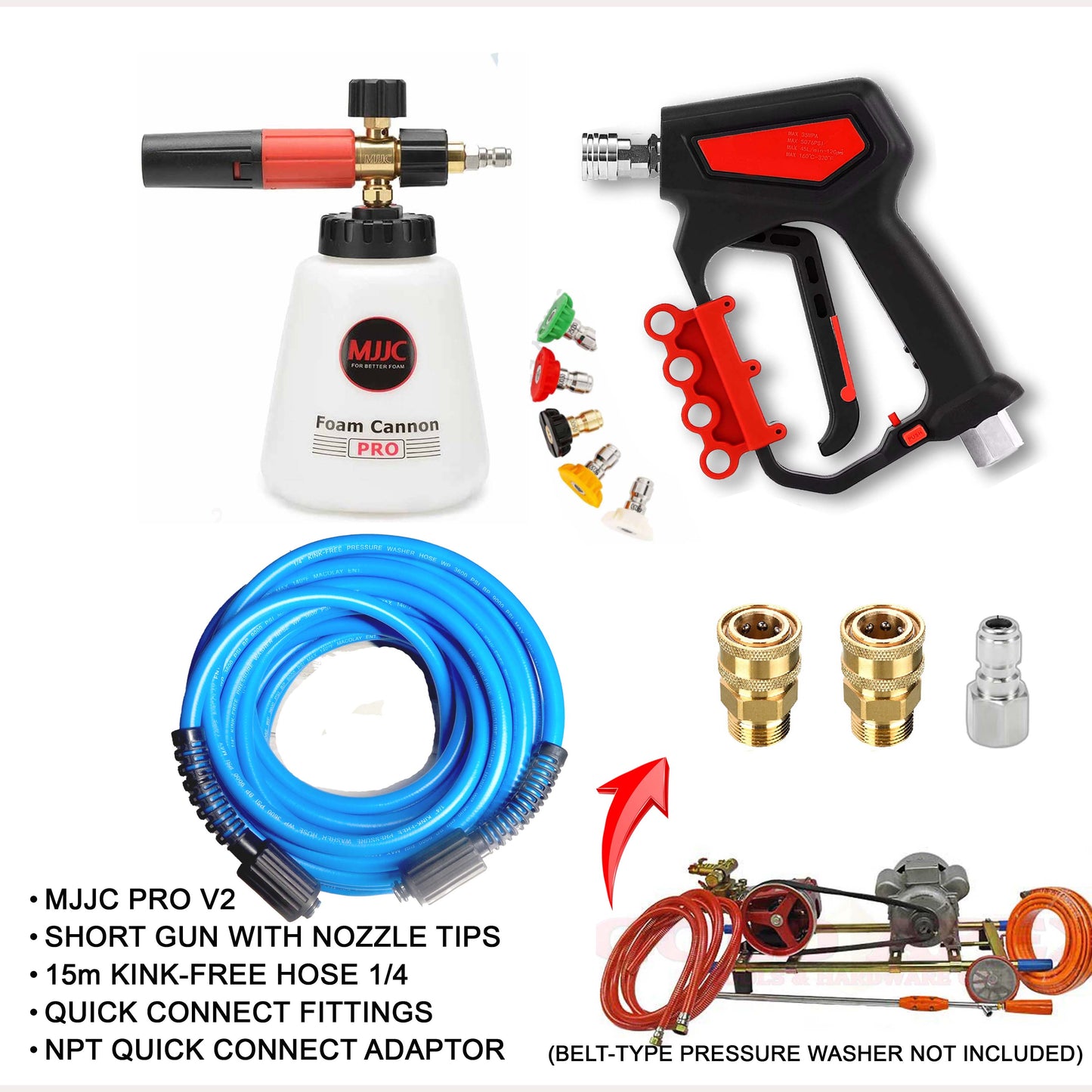 Foam Cannon Conversion Package for Belt Type Pressure Washer with Kink-Free Hose