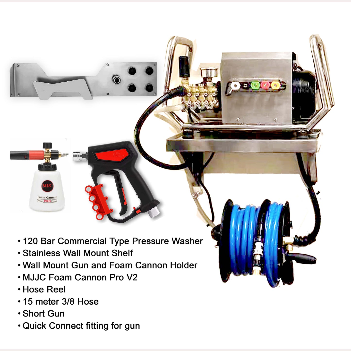 Wall Type Commercial  PressureWasher Setup with Hose Reel, Gun and Foam Cannon