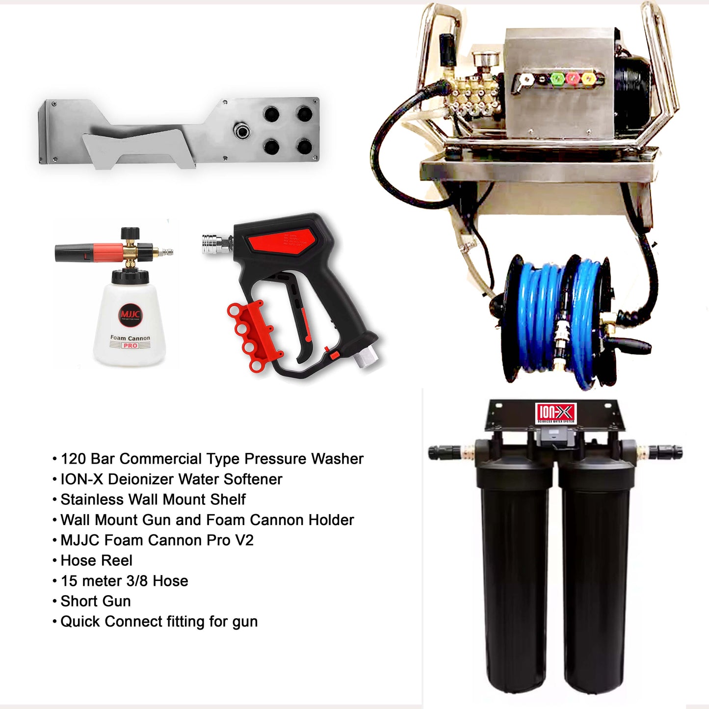Wall Type  Commercial Pressure Washer Setup with De-ionizer, Hose Reel, Gun and Foam Cannon
