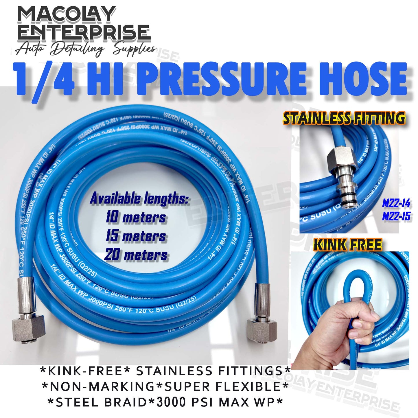 PA-013 Kink Free 1/4 Steel Braided High Pressure Hose fits M22-14 and M22-15